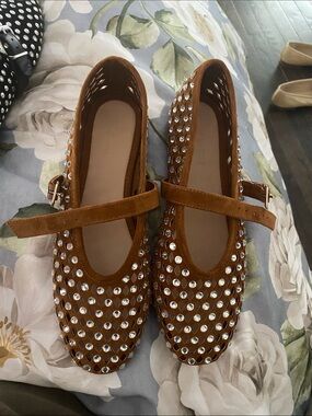 Steve Madden Tan Suede Mary Jane Flats with Crystal Studs